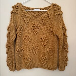 ChicWish Heart Knit Your Love V-Neck Sweater Size S/M Tan Chunky Bobble Pullover
